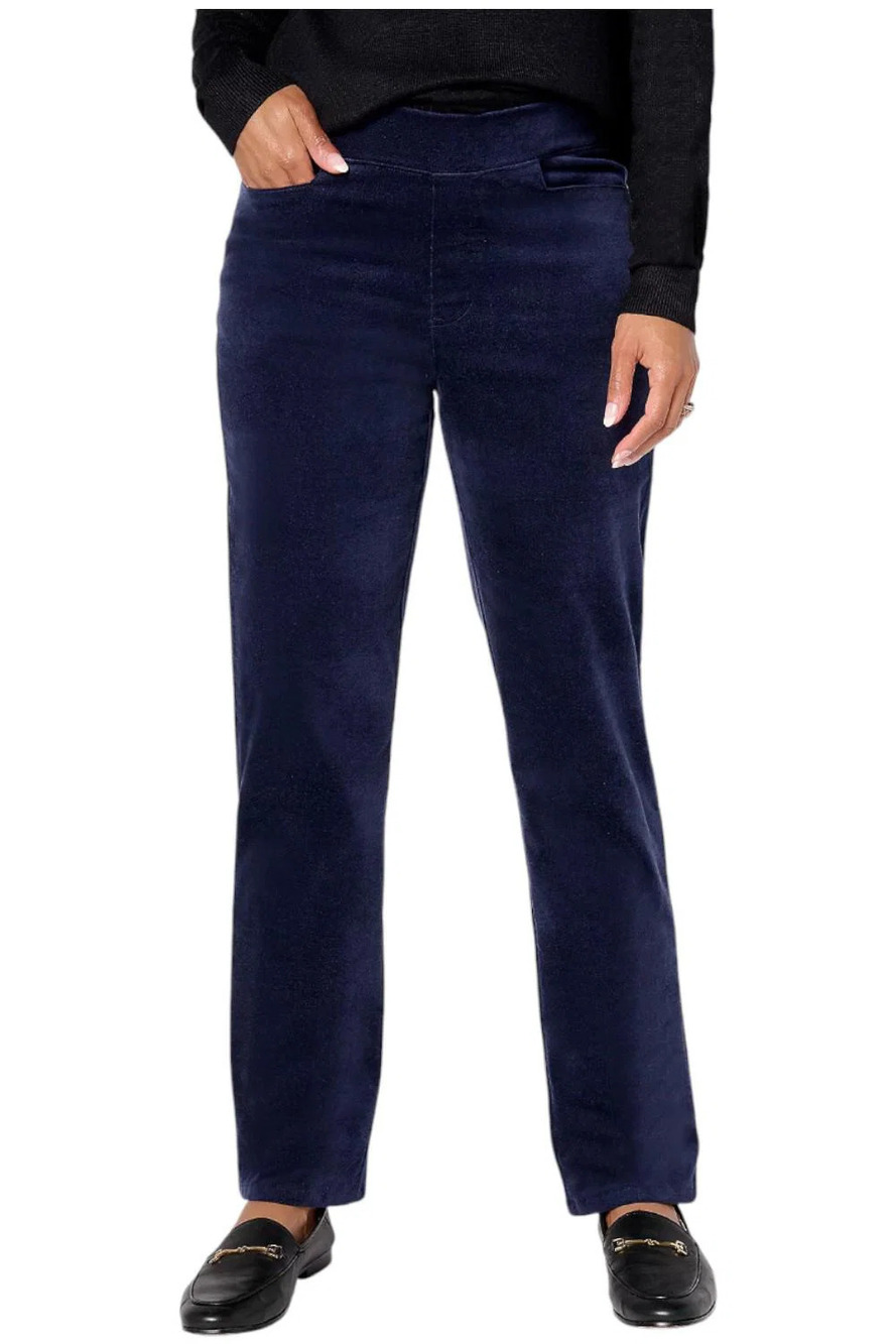 Denim & Co. Stretch Velvet Straight Leg Pull-On Pant Navy - Tall